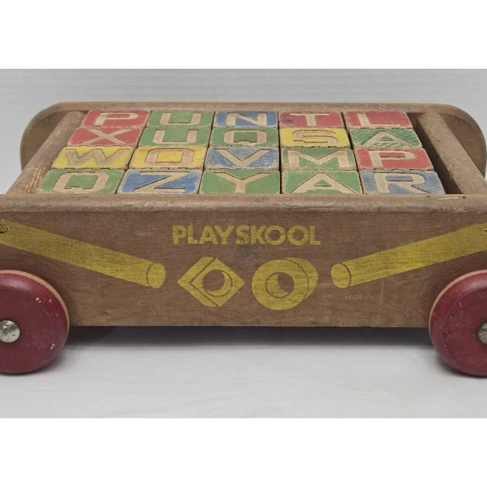 Vintage Playskool Pull Along WAGON with 21 Alphabet Wooden Blocks ABC 1950s